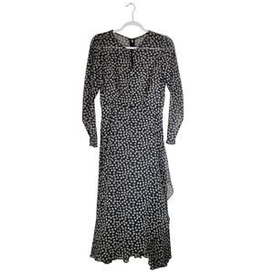 Tommy Hilfiger black Swiss dot floral sheer long sleeve wrap midi dress size Med